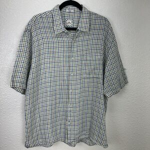 Peter Millar Button Up Shirt 100% Linen Check Mens XL Blue Green Casual